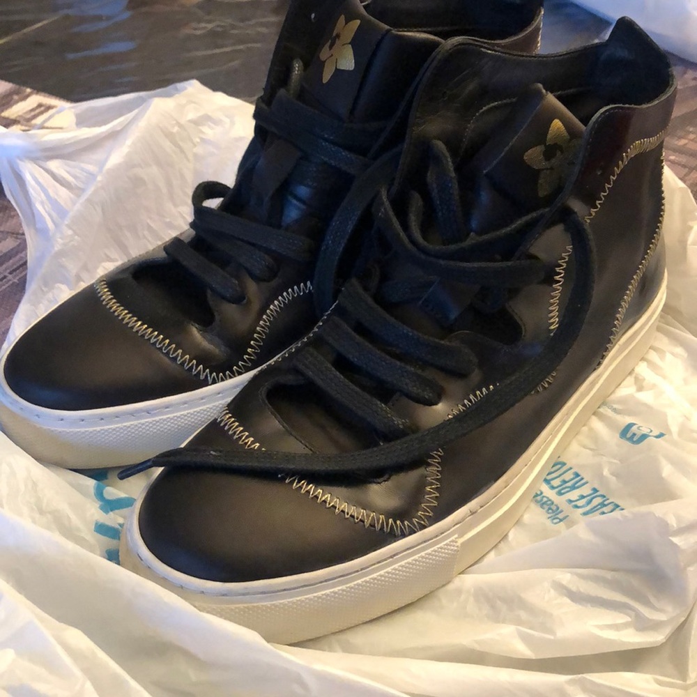 Rupert Sanderson Black Leather High-Top Sneakers with White Soles
